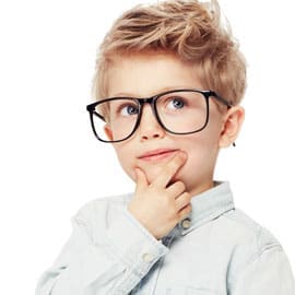 Cute young blonde boy posing wth hand on chin wearing oversized black plastic frame Blonde female wearing turquoise plastic designer frame Maple Grove Eye Doctors at Pearle Vision