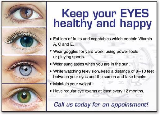 Sign with ways to keep your eyes healthy Blonde female wearing turquoise plastic designer frame Maple Grove Eye Doctors at Pearle Vision