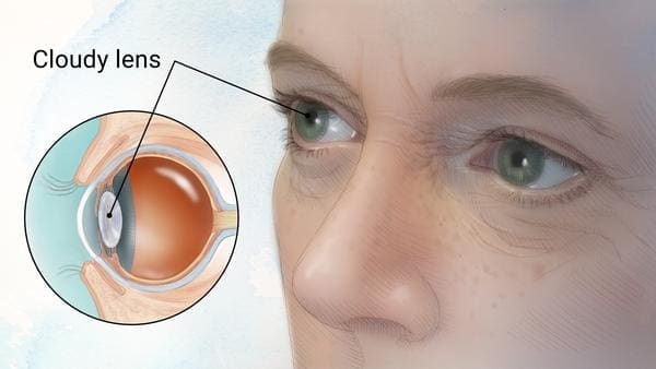 Illustration of cloudy lens in eye showing cataract affecting vision. Maple Grove Eye Doctors at Pearle Vision