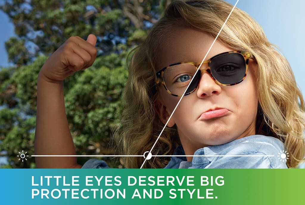 Child with long blonde hair wearing Transitions Lenses showing the difference with and without Maple Grove Eye Doctors at Pearle Vision