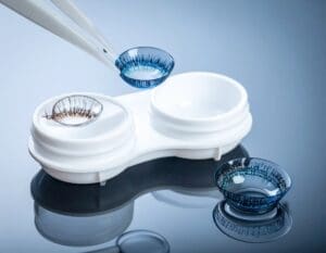 White contact lens case with 2 contact lenses