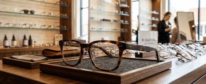 Tortoise plastic eyeglass frame on table